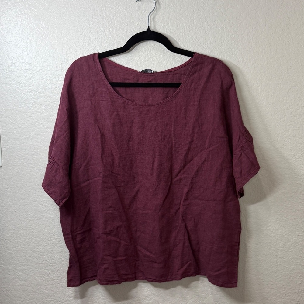 Elena Baldi Pure Linen Ruffle Sleeve Top Made in Italy Burgundy Wine Size L
